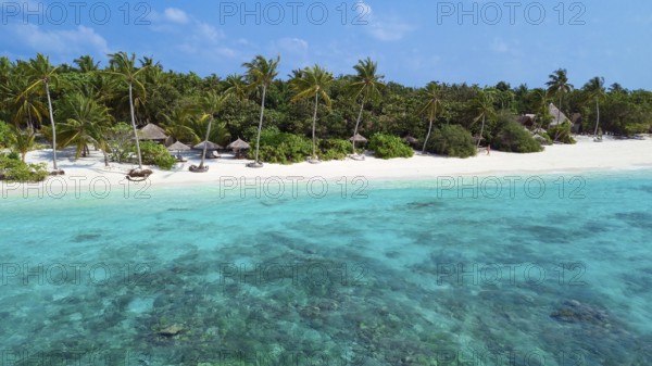 Aerial view Bird's eye view of lagoon and white beach Sandsztanf with coconut palms (Cocos