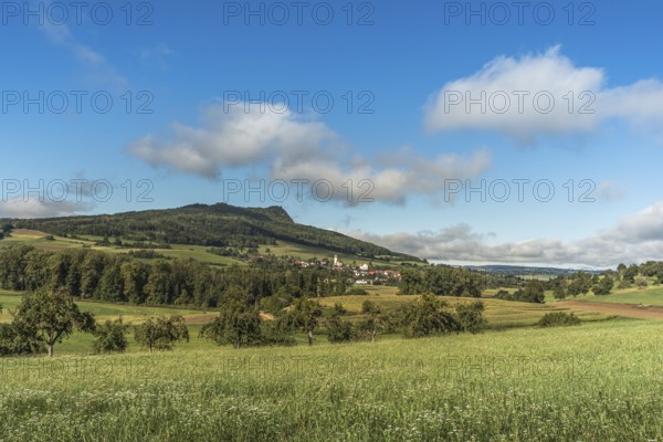 View of the village of Weiterdingen at the foot of the Hegau volcano Hohenstoffeln, Hegau,