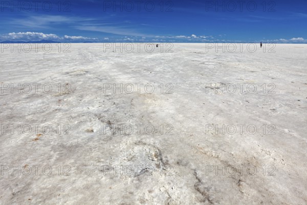 Endless salt desert under an azure blue sky, a solitary figure in the distance, The endless