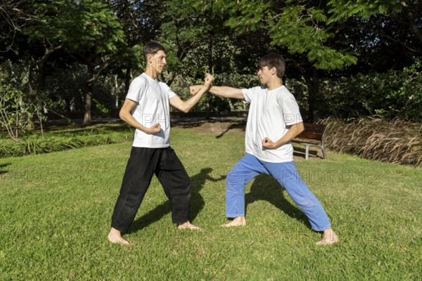 A dynamic Taekwondo session with an urban backdrop