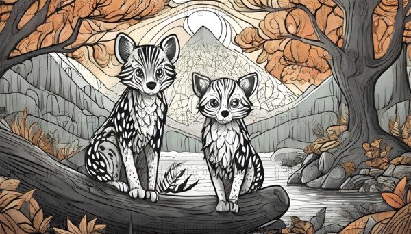 Two cats are sitting on a log in a forest. The cats are looking at the camera. The background