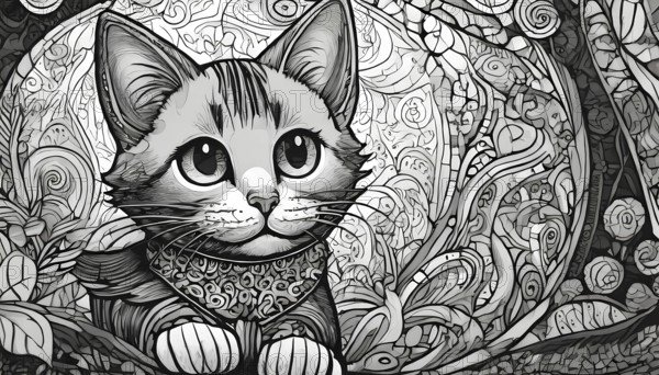 A cat is sitting on a bed with a flowery pattern. The cat is wearing a bandana and has a curious