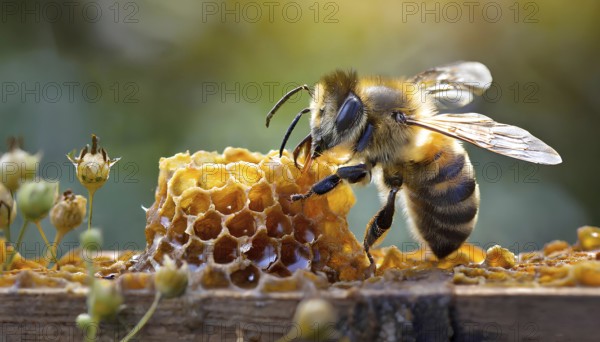 A bee is eating honey from a honeycomb. Concept of natural beauty and harmony, as the bee is