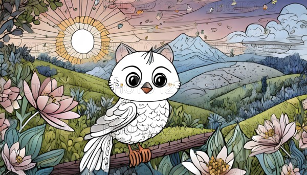 A cartoon owl is perched on a branch in a lush green field. The sky is filled with clouds and the