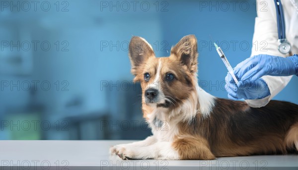 Corgi dog lying on a table in a veterinary clinic while a veterinarian prepares a syringe for an