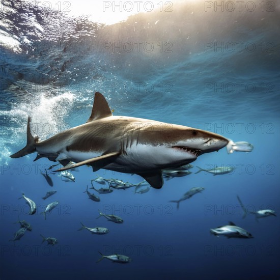 A great white shark swims among a school of fish in the deep blue ocean, showcasing its powerful