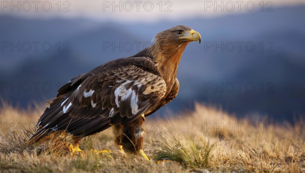 A majestic golden eagle with brown and white feathers stands on a grassy hill, surveying its