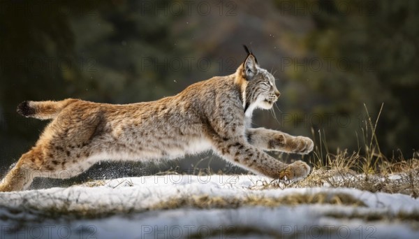 A majestic lynx runs swiftly through the snow in a forest, showcasing its agility and strength. The