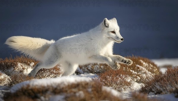 An arctic fox leaps through snowy tundra, its white fur blending into the winter landscape,