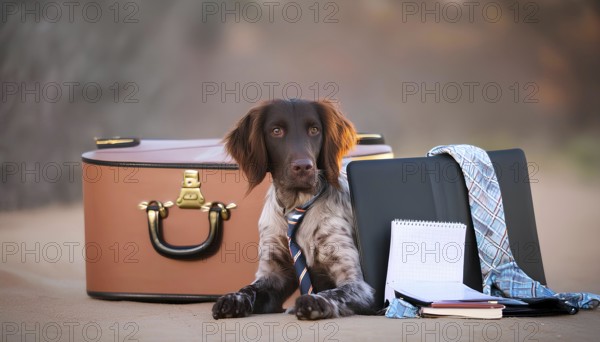 A dog is laying on a suitcase with a tie around its neck. The suitcase is brown and has a gold
