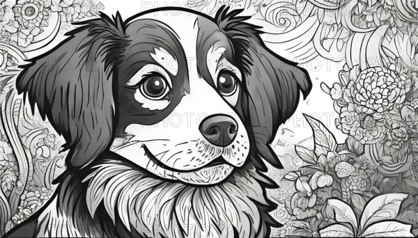 A black and white drawing of a dog with a flowery background. The dog has a happy expression and is