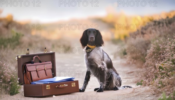 A dog is sitting next to a brown suitcase. The dog is wearing a yellow collar. The scene is set in