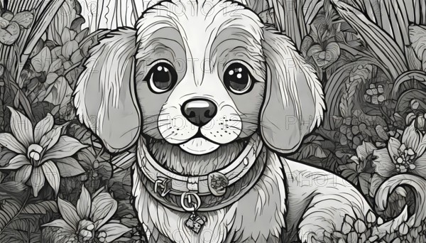 A black and white drawing of a dog wearing a collar. The dog is looking at the camera with a sad