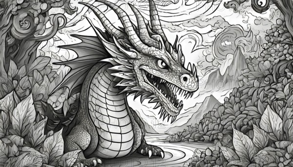 A black and white drawing of a dragon with its mouth open. The dragon is surrounded by trees and