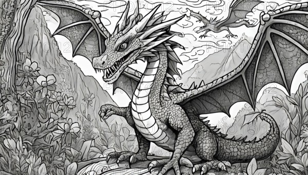 A black and white drawing of a dragon with its mouth open. The dragon is standing on a rock in a