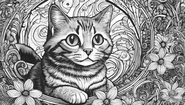 A cat is sitting on a flower bed. The cat is looking at the camera. The flowers are in the