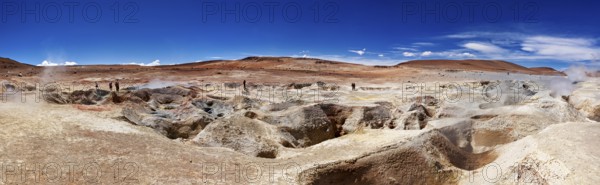 Panoramic view of a geyser field in a barren desert landscape under a bright blue sky, The mud