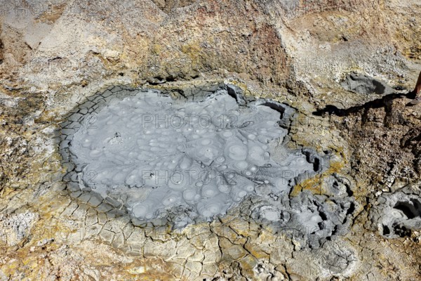 Cracked, grey crater floor with mud bubbles and geological structures, The mud volcanoes and