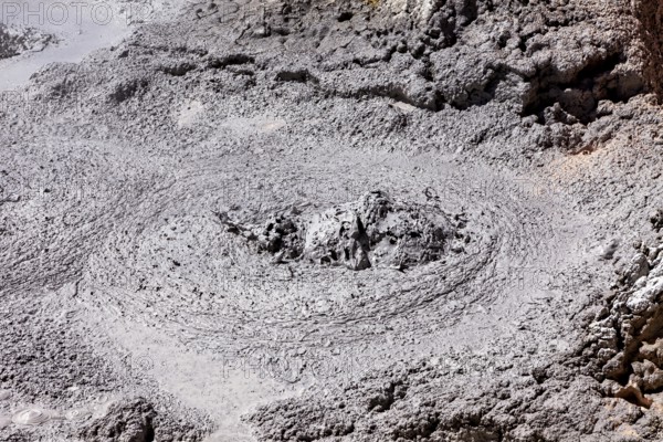 Active grey mud pool with bubbles in geothermal area, The mud volcanoes and fumaroles on the