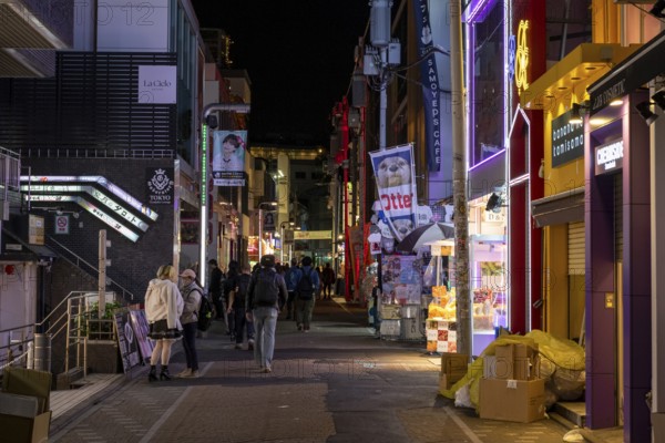 Tourists walk through the narrow alley of Takeshita-dori, Takeshita Street, with souvenir shops and