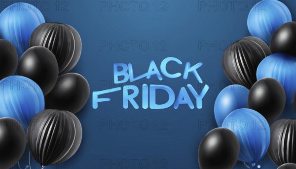 Black Friday promotional design featuring blue and black balloons on a dark blue background. Ideal