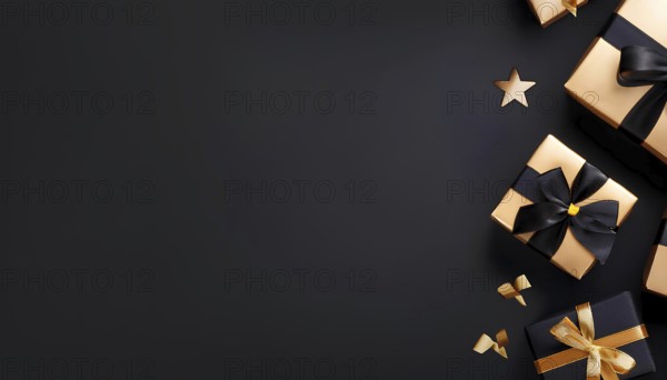 Luxurious black and gold wrapped gifts with ribbons on a dark background, symbolizing Black Friday