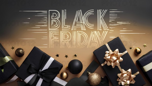 Black and gold gift boxes with bows and festive ornaments on a gradient background with Black