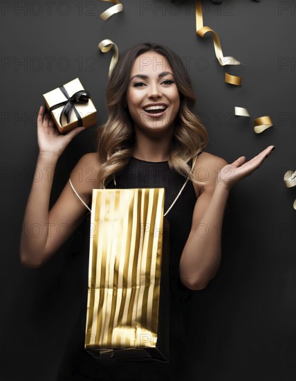 Smiling woman holding a small gift box and golden shopping bag with festive gold ribbons on a black