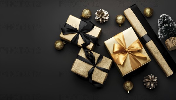 Top view of elegant golden gift boxes with black and gold ribbons, decorated with Christmas