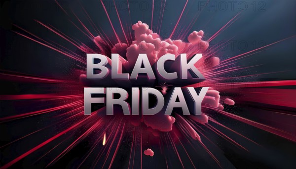 Bold 3D Black Friday text with an explosive background of red clouds and light rays. Ideal for