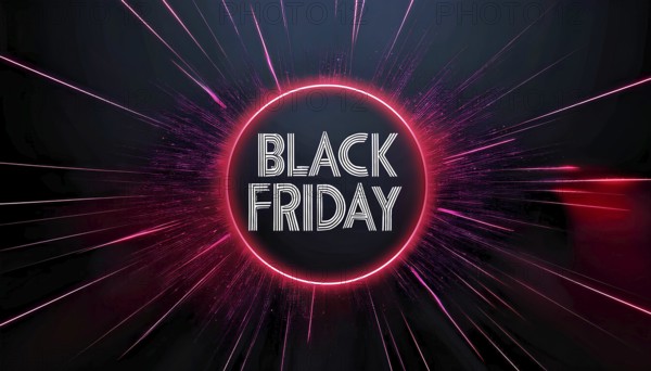 A vibrant Black Friday promotional design with neon lights and glowing lines radiating from a