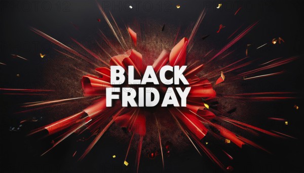 Black Friday sale banner featuring bold white text with an explosive red ribbon design and