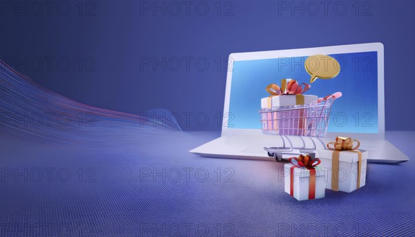 A 3D render of a shopping cart with wrapped gifts displayed on a laptop screen, symbolizing online