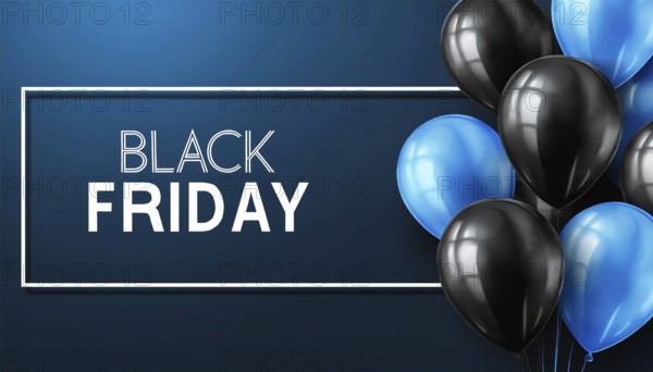 A sleek Black Friday promotional banner featuring black and blue balloons on a dark blue background