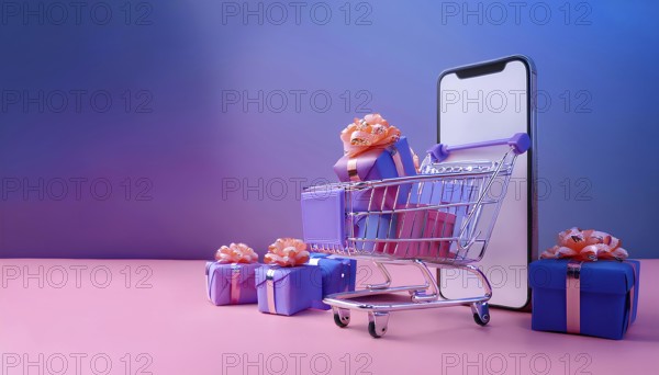 A modern online shopping concept featuring a smartphone, a shopping cart, and multiple gift boxes