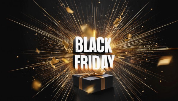 Black Friday sale explosion with bold white text, golden confetti, and a black gift box tied with a