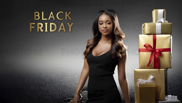 Confident woman in black standing next to a stack of golden gift boxes with red and white ribbons,