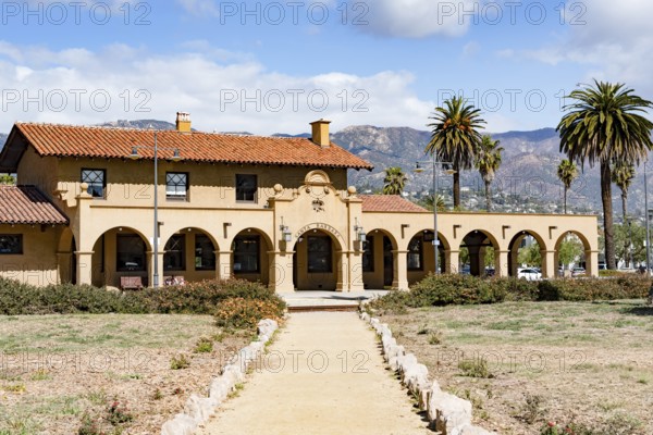 The historic Santa Barbara train station, featuring Spanish Colonial Revival architecture with a