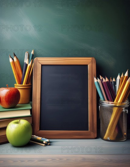 A collection of school supplies, including pencils, books, and apples, arranged on a desk with a