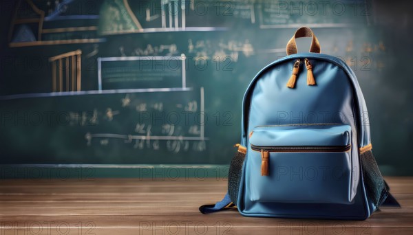 A blue backpack resting on a wooden desk with a chalkboard displaying math equations in the