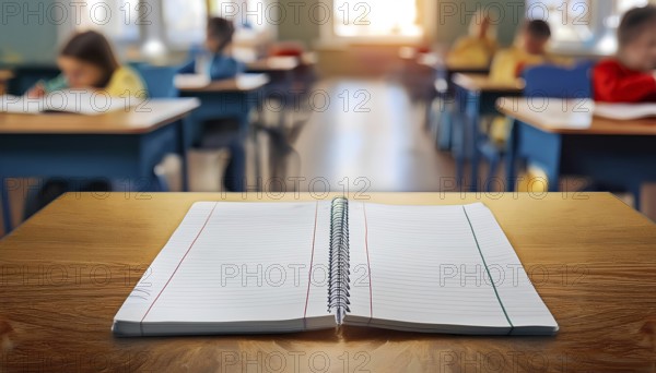 Open spiral notebook placed on a wooden desk in a classroom with students studying in the