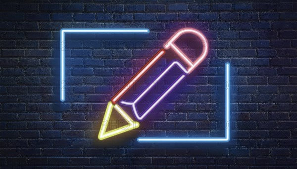 A neon sign in the shape of a pencil is illuminated against a dark brick wall background. The