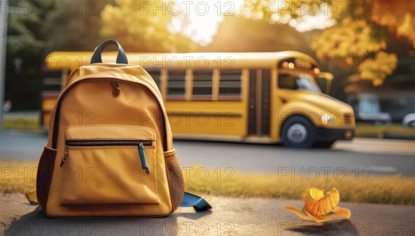 A brightly colored school backpack is placed on the pavement, with a school bus in the background
