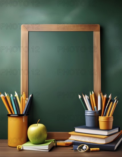 A back to school scene featuring a green blackboard surrounded by school supplies including