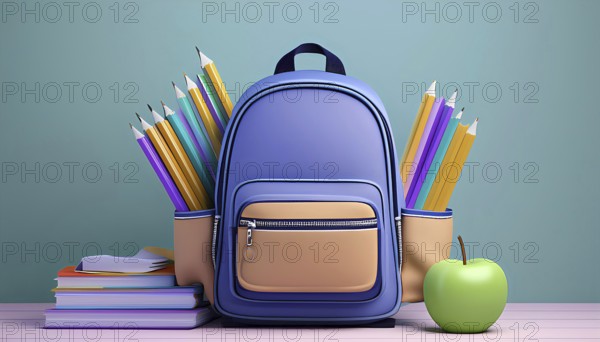 A blue backpack with a green apple and a bunch of pencils on top of it. The backpack is on a table