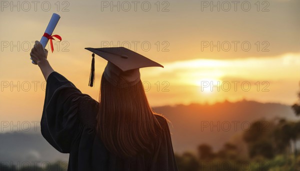 A graduate wearing a cap and gown raises a diploma with a red ribbon while standing outdoors at