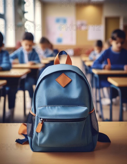 A blue backpack with orange accents sits on a desk in a classroom, with students focused on their