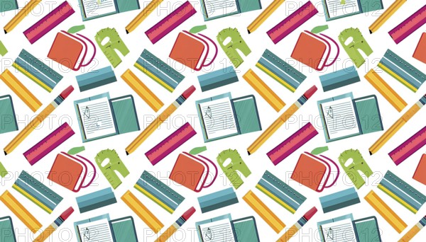 A colorful pattern of school supplies including pencils, pens, rulers, and books. Concept of