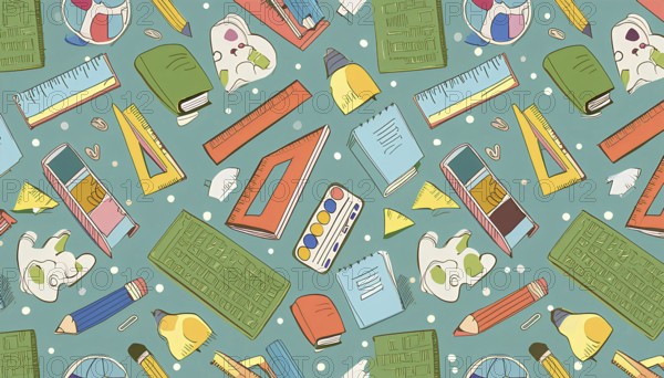 A colorful pattern of school supplies including pencils, pens, rulers, and books. Concept of