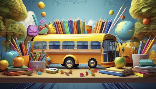 A vibrant yellow school bus surrounded by oversized school supplies, books, globes, and autumn